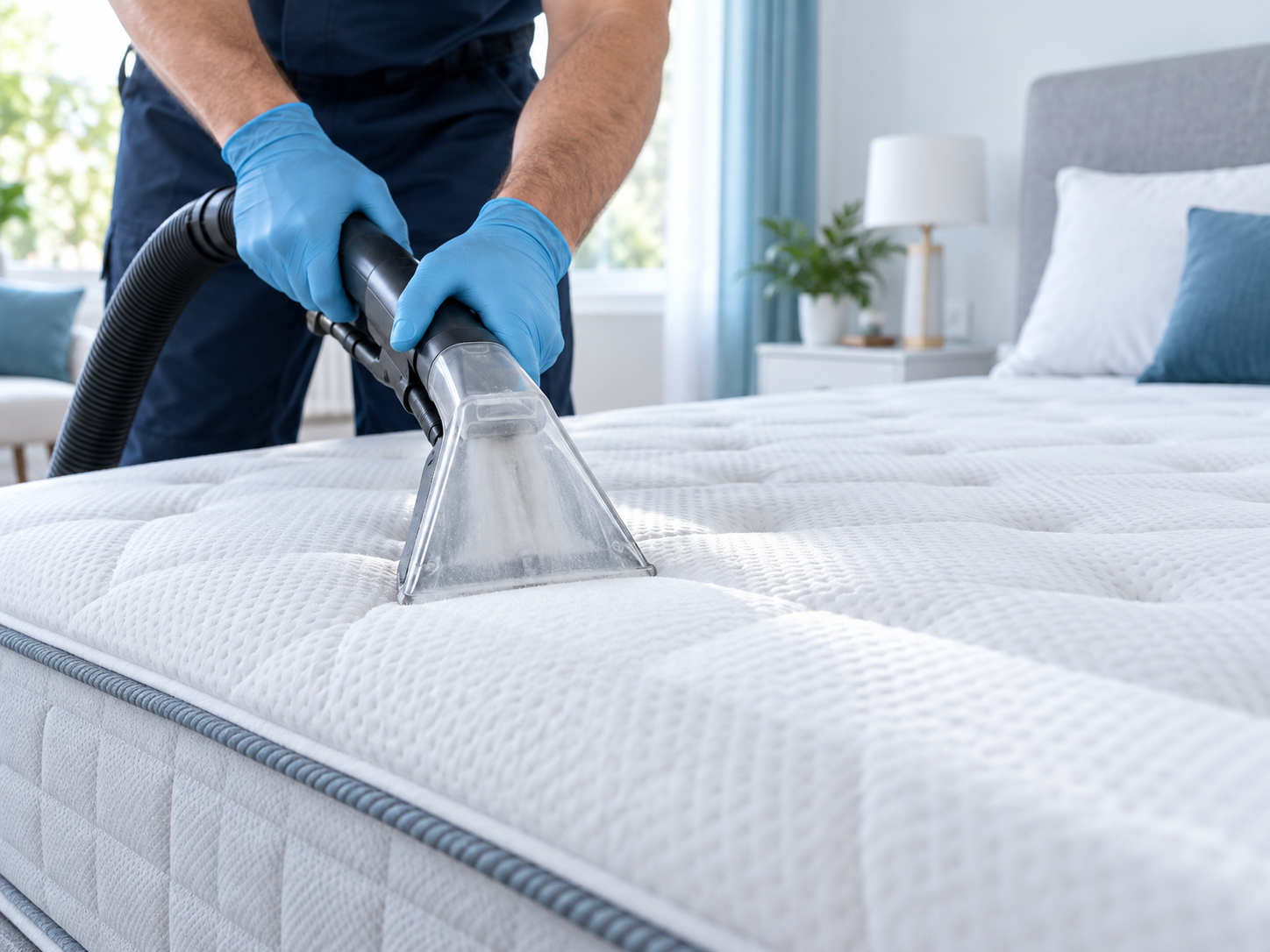 Higienização profissional de um colchão branco